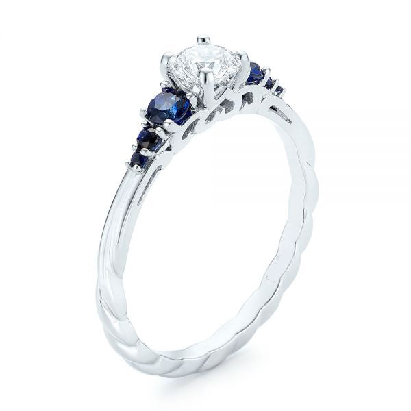 Custom Blue Sapphire And Side Stone Diamond Engagement Ring - EC084 with 0.3 carat Round diamond Fair cut H color I1 clarity