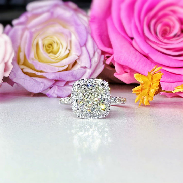 Custom Halo Cushion Cut Side Stone Diamond Engagement Ring [Setting Only] - EC098 - Roselle Jewelry