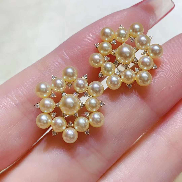 18K Akoya Pearl With Diamond Snowflake Stud Earrings - TS006 - Roselle Jewelry