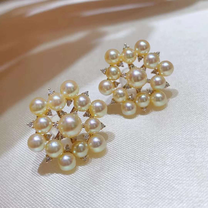 18K Akoya Pearl With Diamond Snowflake Stud Earrings - TS006 - Roselle Jewelry