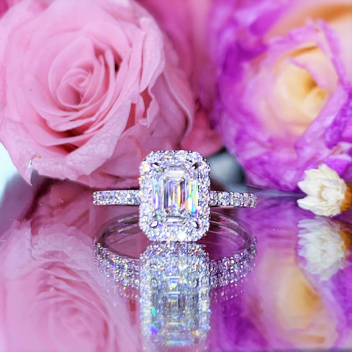 1.40CTW Emerald Cut Grown With Side Stone Halo Engagement Diamond Ring - LGR014 - Roselle Jewelry